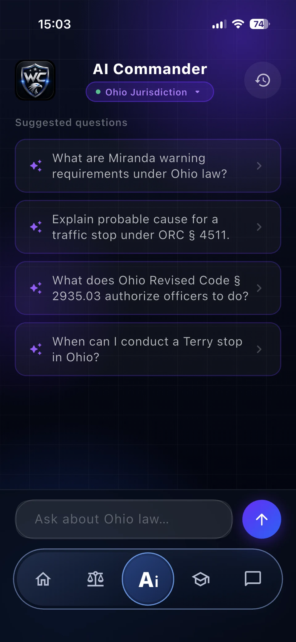 Watch Commander AI Commander screen with Ohio jurisdiction selected