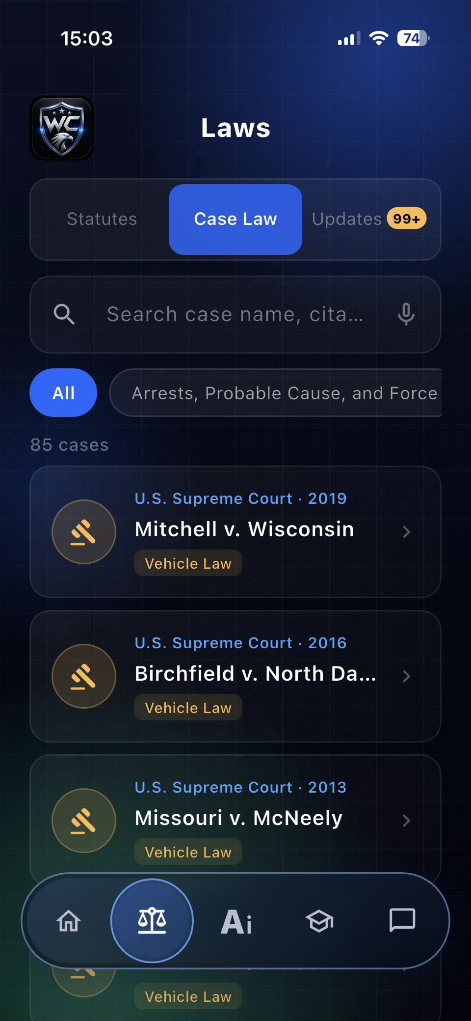 Watch Commander Laws screen showing case law search and filters