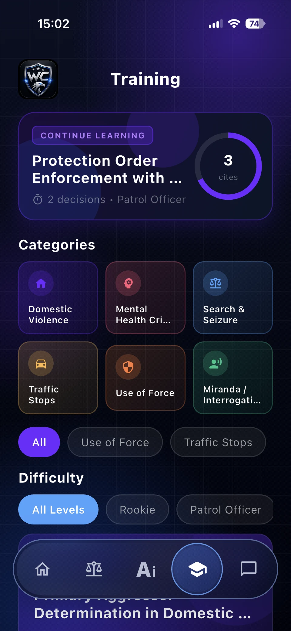 Watch Commander Training screen with scenario categories and difficulty filters